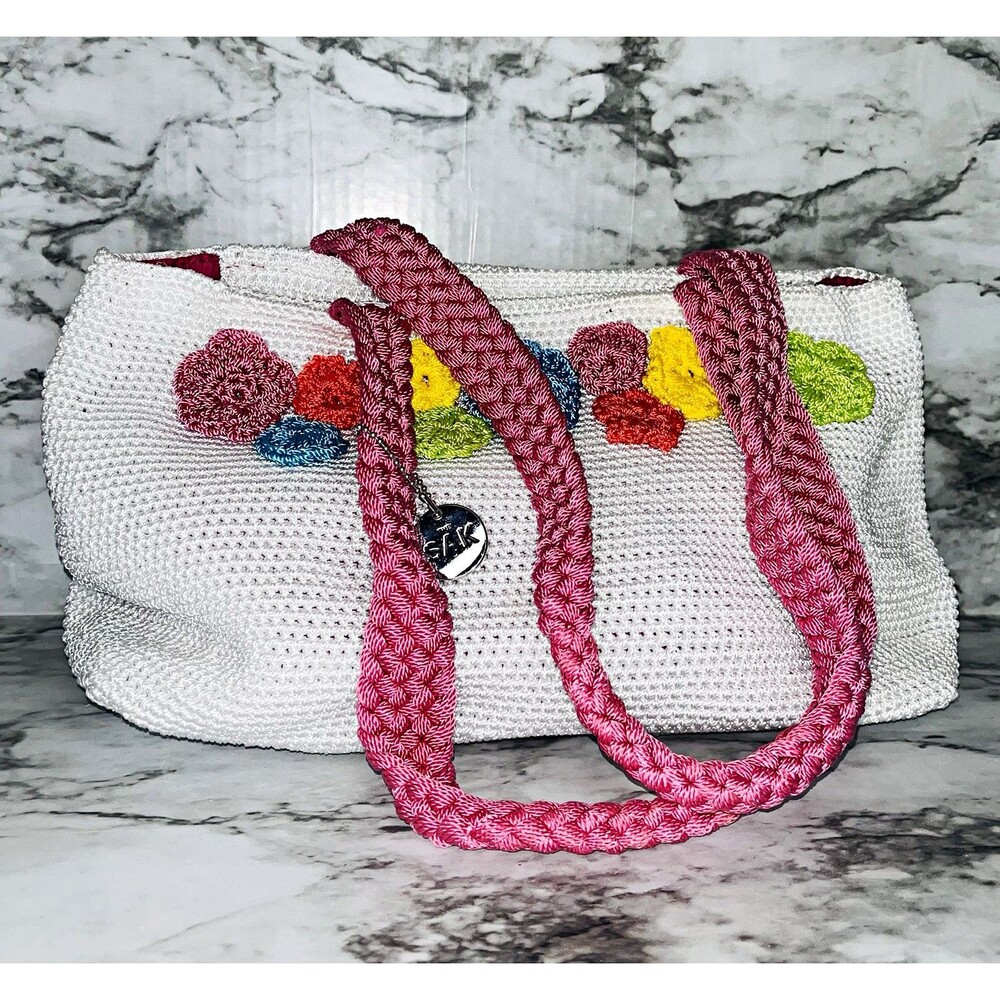 The Sak White Crochet Tote Shoulder Bag Pink Braided Handles Floral Zip Charm